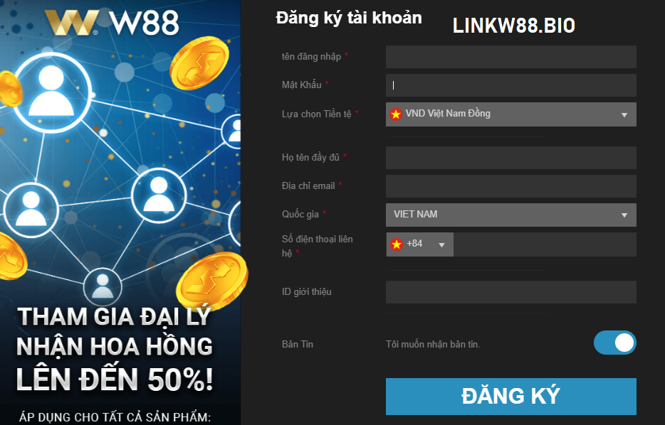 Thông tin đăng ký đại lý W88